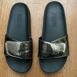 PINK Velcro Silver Slides